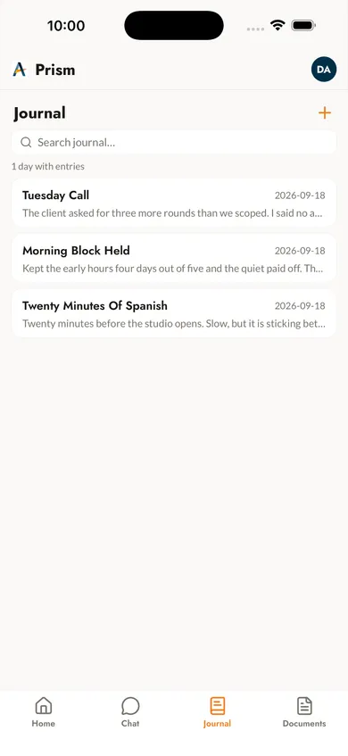 Prism journal on iPhone: a searchable list of dated entries, such as notes on a client call and a morning routine.