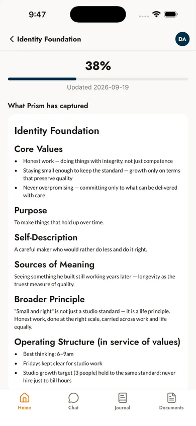 Prism on iPhone showing the Identity Foundation dimension at 38%, with the core values, purpose and sources of meaning it has captured.